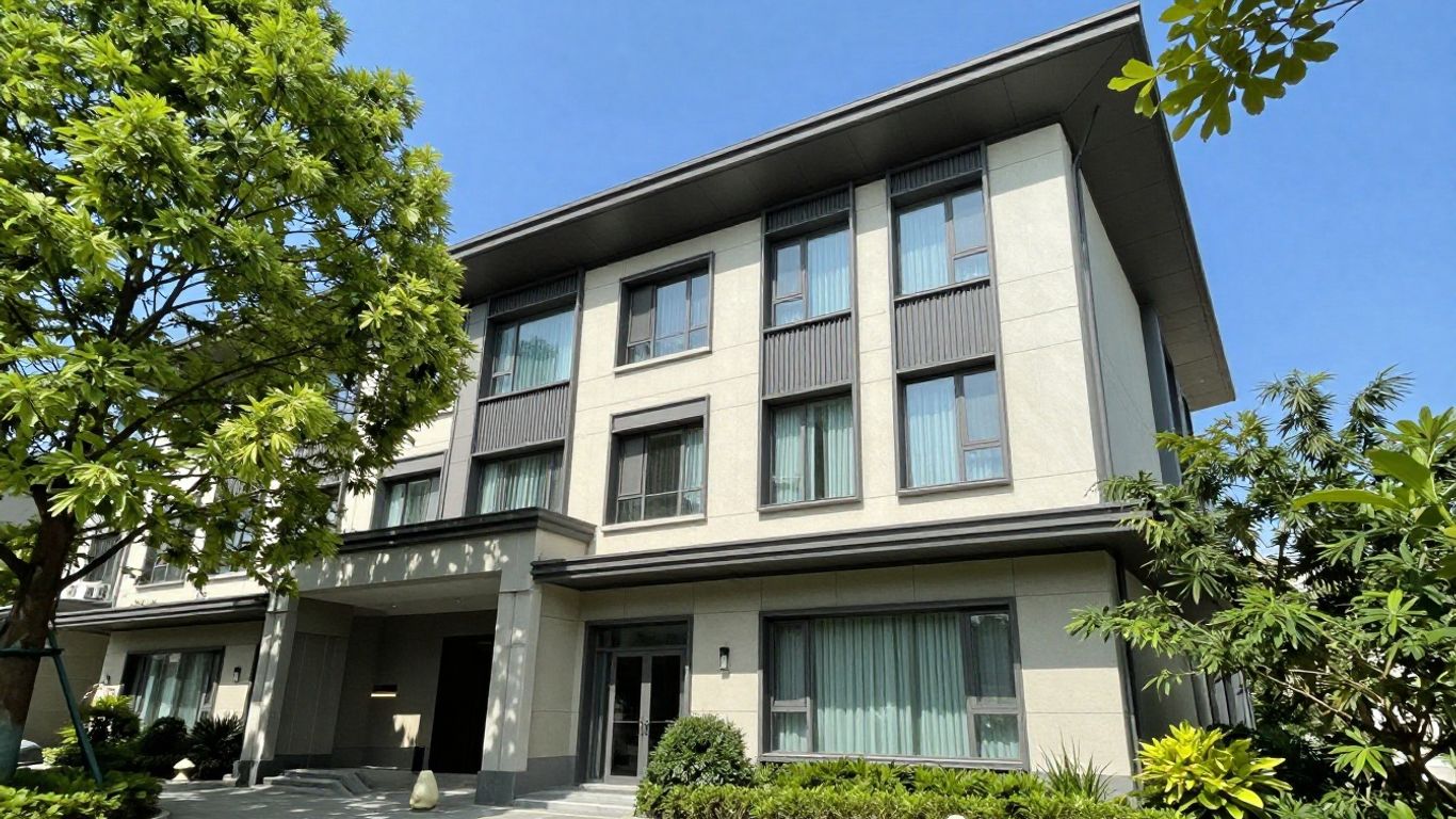Oaks Embassy Adelaide hotel exterior with trees and blue sky.
