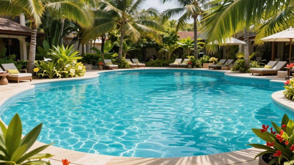 Tropical resort pool with palm trees and clear water.