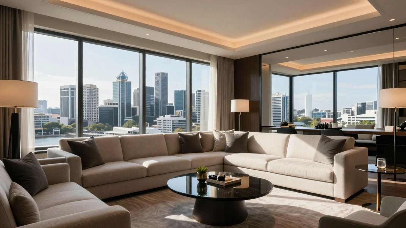 Oaks Brisbane Casino Tower Suites luxury hotel room with city view.