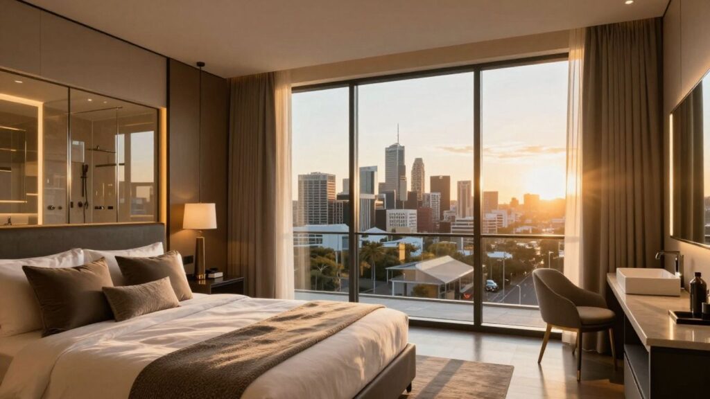 Oaks Perth Hotel room with city skyline view at sunset.