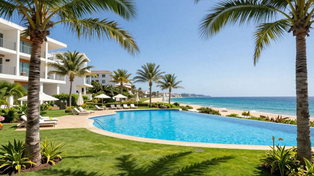 Oaks Caloundra resort with pools and palm trees.