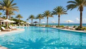 Resort pool overlooking a turquoise bay in Port Stephens.