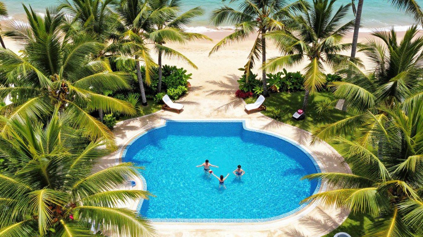 Family resort pool with ocean view on Sunshine Coast.