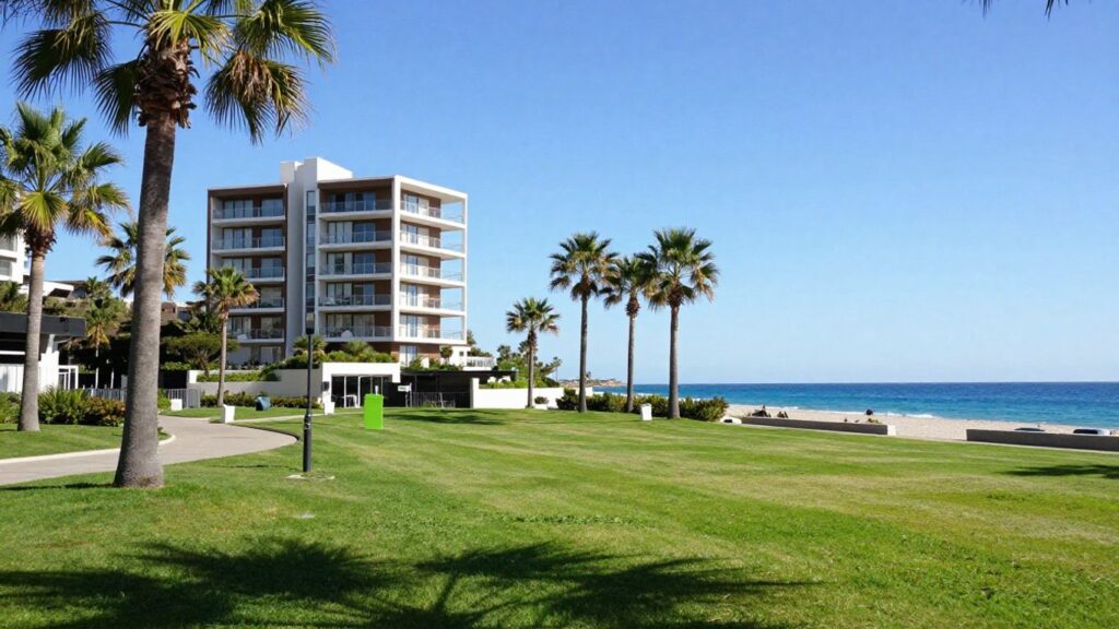 Luxury apartment balcony with park and ocean view.