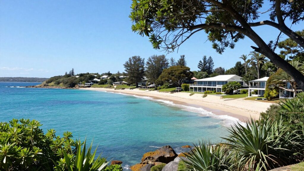 Oaks Port Stephens coastal resort with ocean and trees.