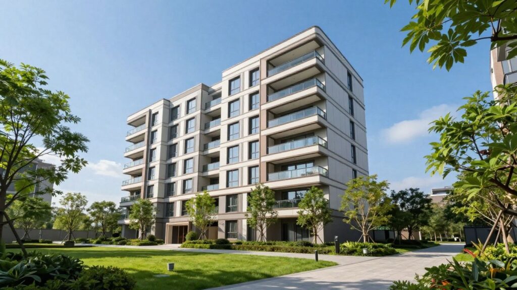 Oaks Mews Apartments Brisbane exterior with trees and sky.