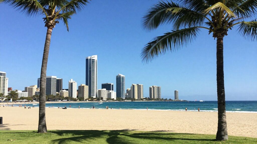 Gold Coast skyline with beach and ocean on a sunny day.