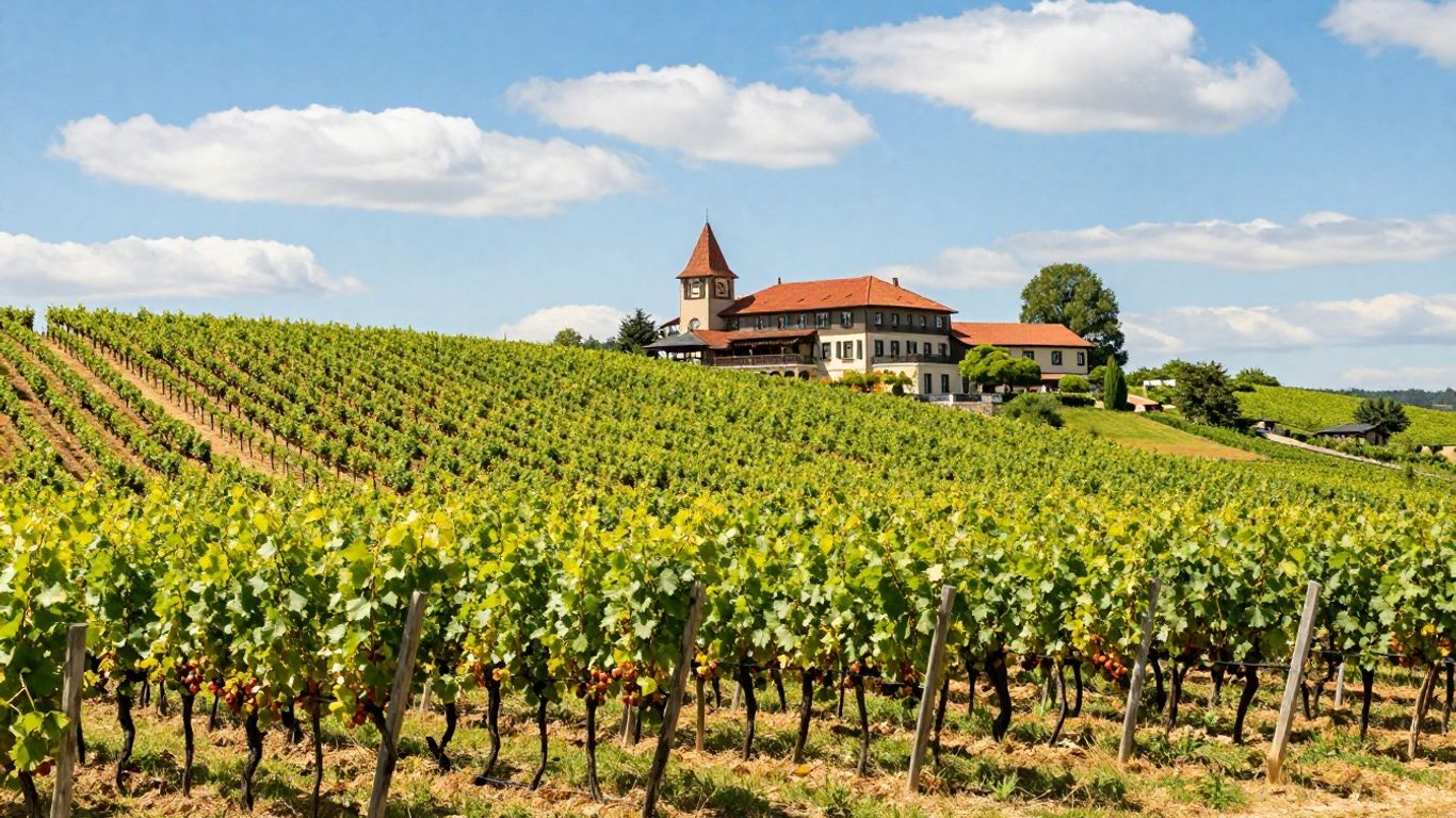 Vineyard hotel surrounded by grapevines under a blue sky.