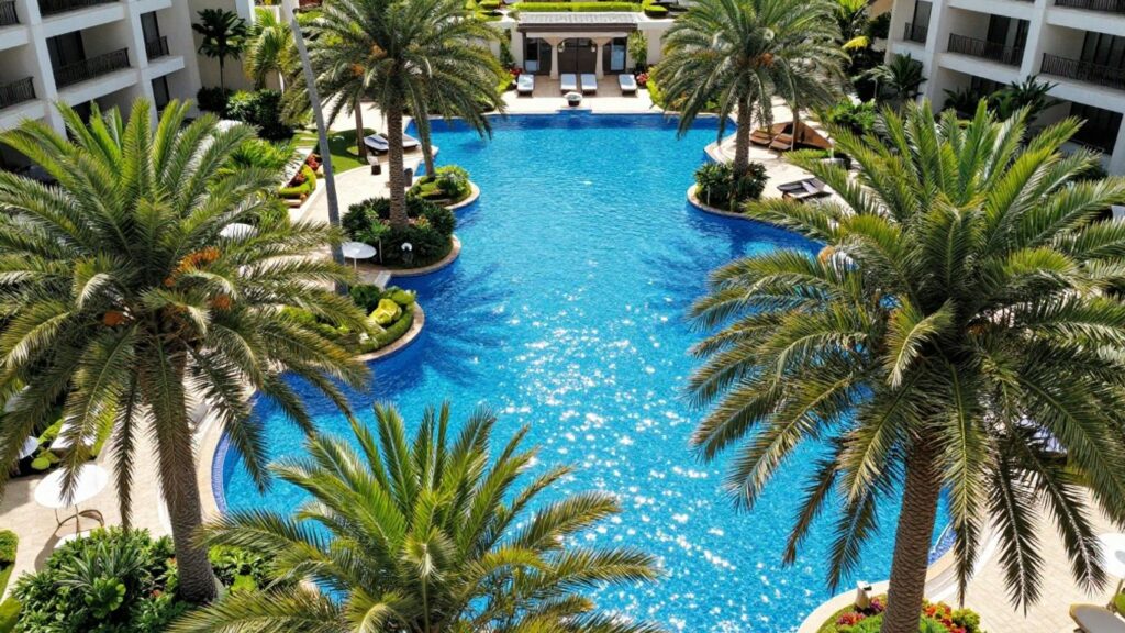 Oaks Pacific Blue Resort pool and surrounding tropical landscape.