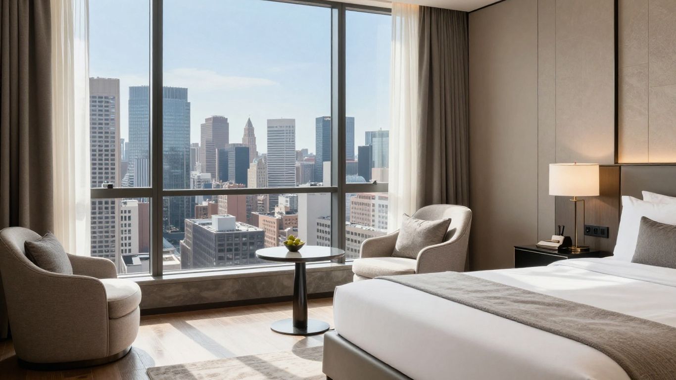 Luxurious hotel room with city skyline view.