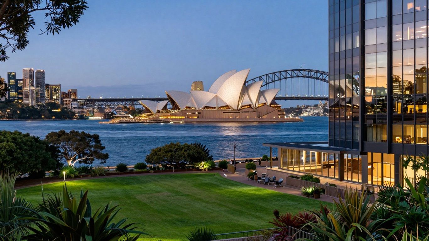 Sydney skyline with Opera House, Harbour Bridge, and Oaks Hotel.