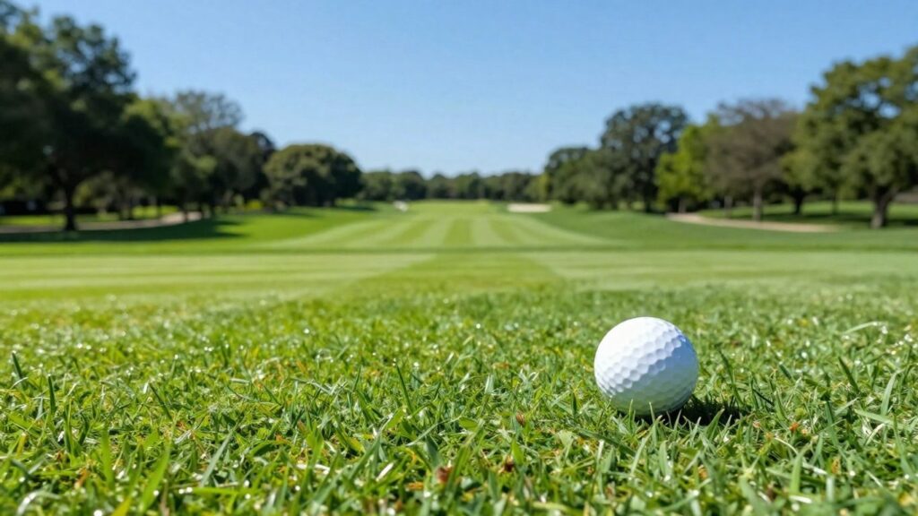 Golf course fairway with rolling hills and blue sky.