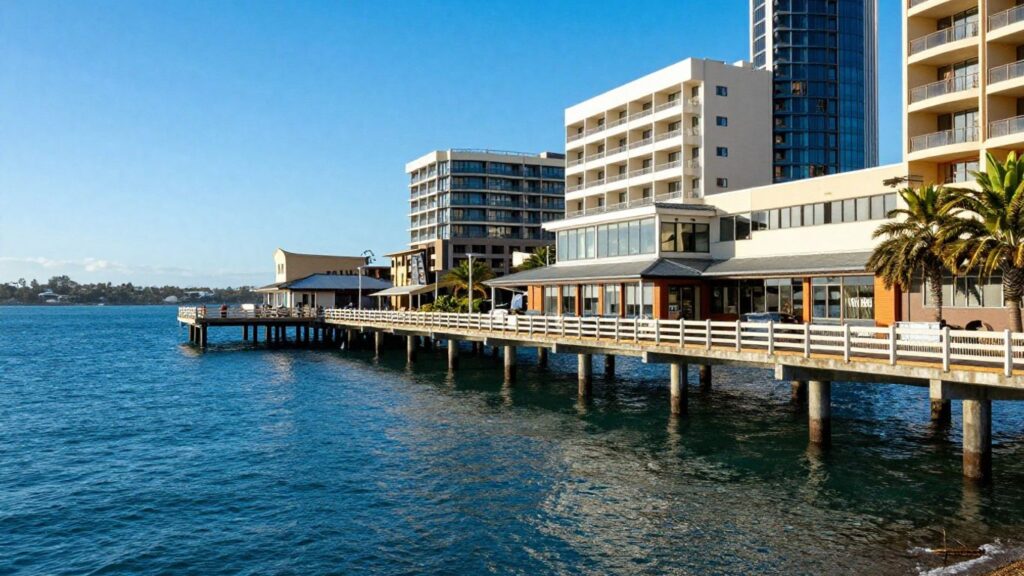 Oaks Plaza Pier extending over blue ocean waters in Adelaide.
