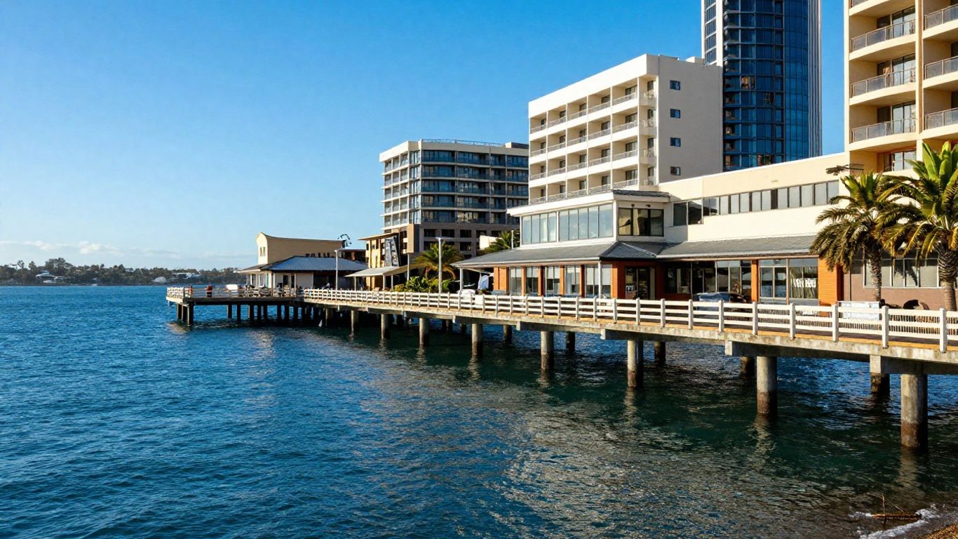 Oaks Plaza Pier extending over blue ocean waters in Adelaide.