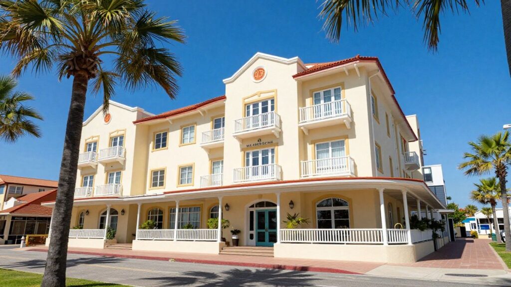Brighton Beach Hotel exterior with palm trees.