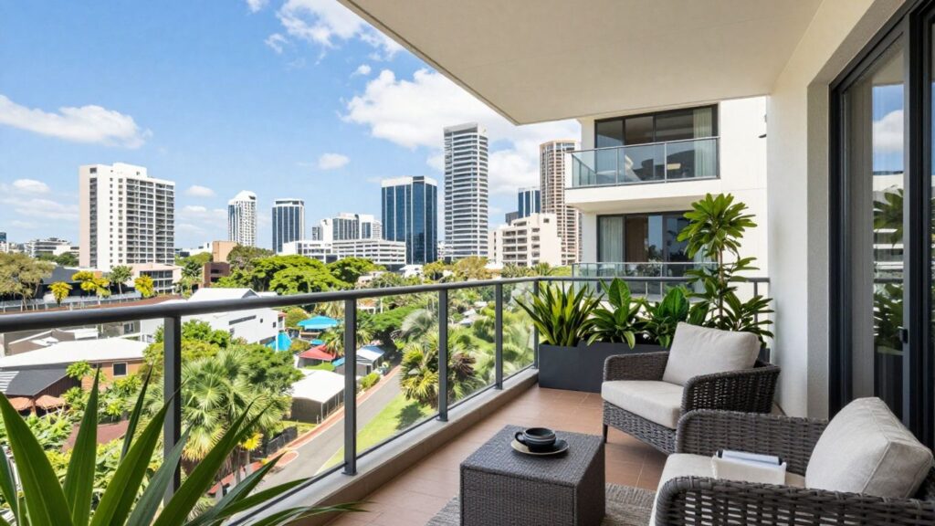 Brisbane skyline view from a modern holiday apartment balcony.