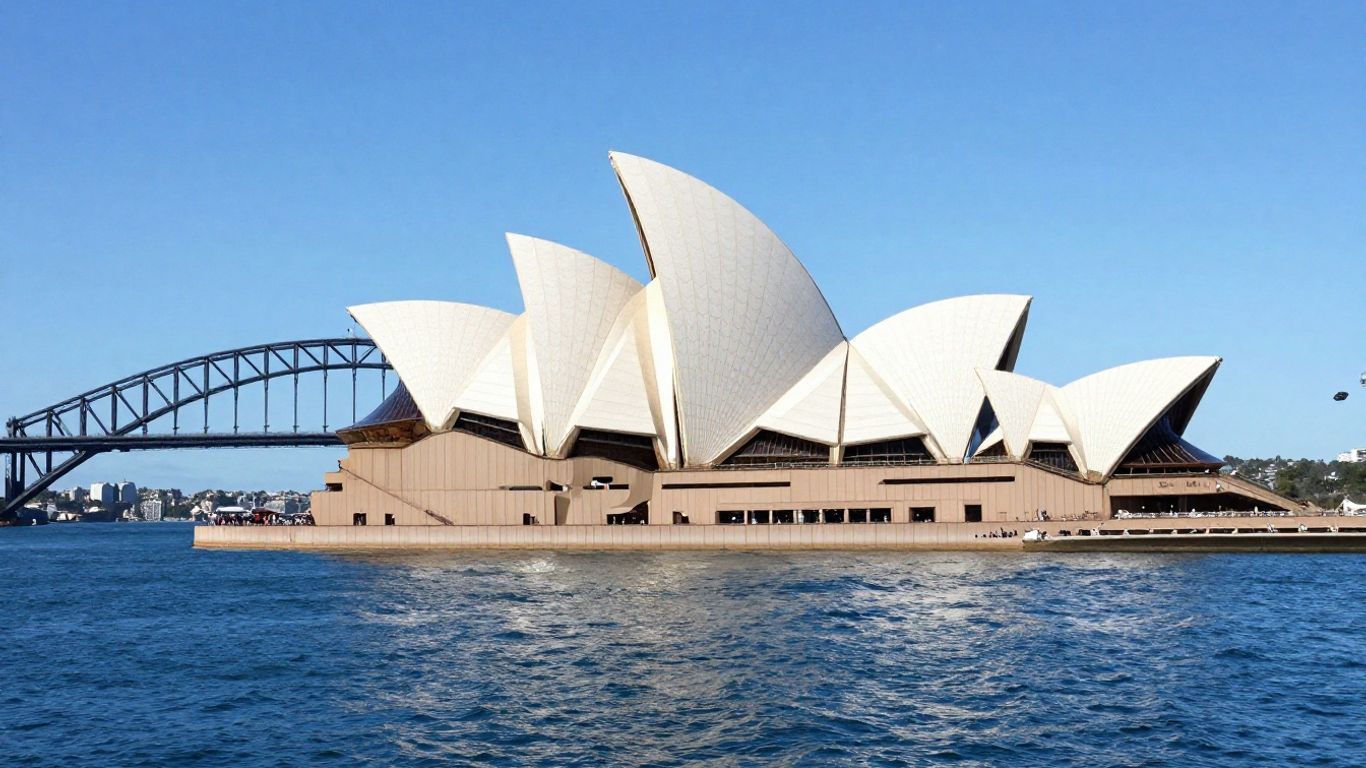 Sydney Opera House and Harbour Bridge with hotel.