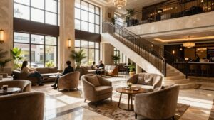 Elegant hotel lobby with comfortable seating and natural light.
