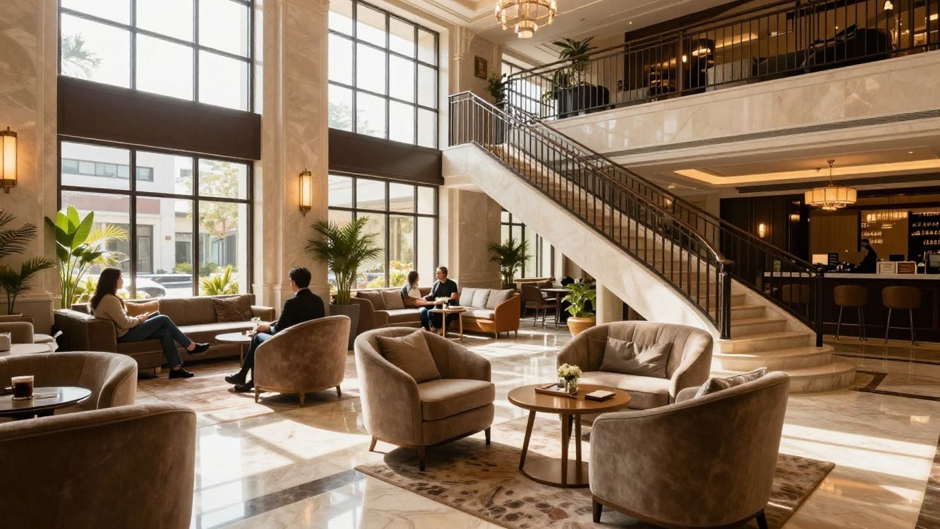 Elegant hotel lobby with comfortable seating and natural light.