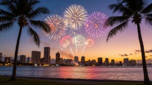 Gold Coast skyline with fireworks and palm trees.
