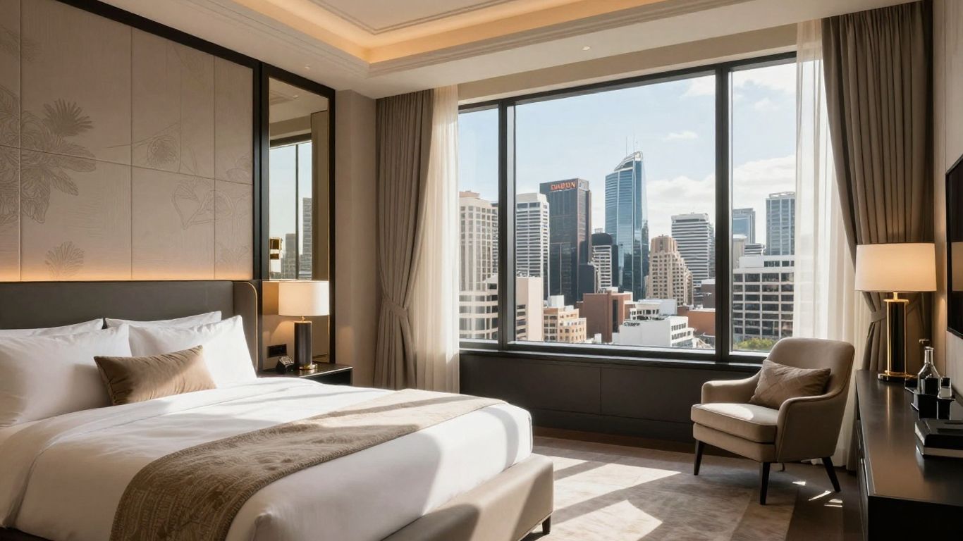Elegant Sydney boutique hotel room with city view.