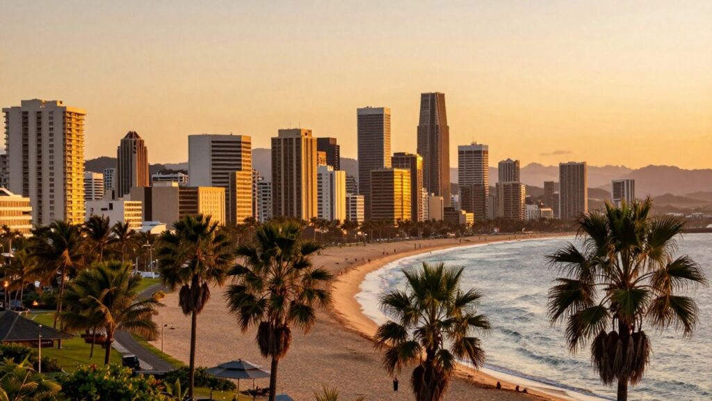 Gold Coast skyline and beaches at sunset.