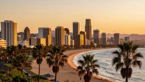 Gold Coast skyline and beaches at sunset.