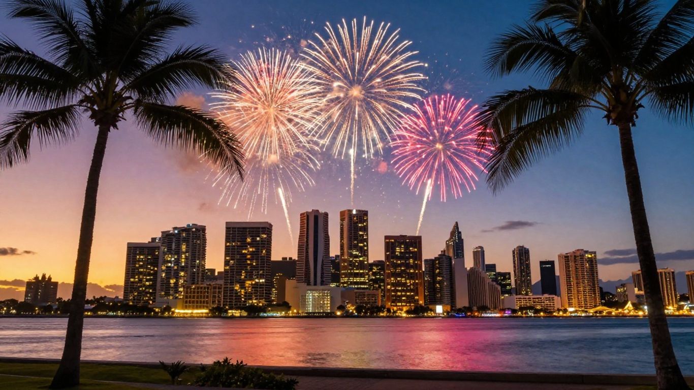 Gold Coast skyline with fireworks and palm trees.