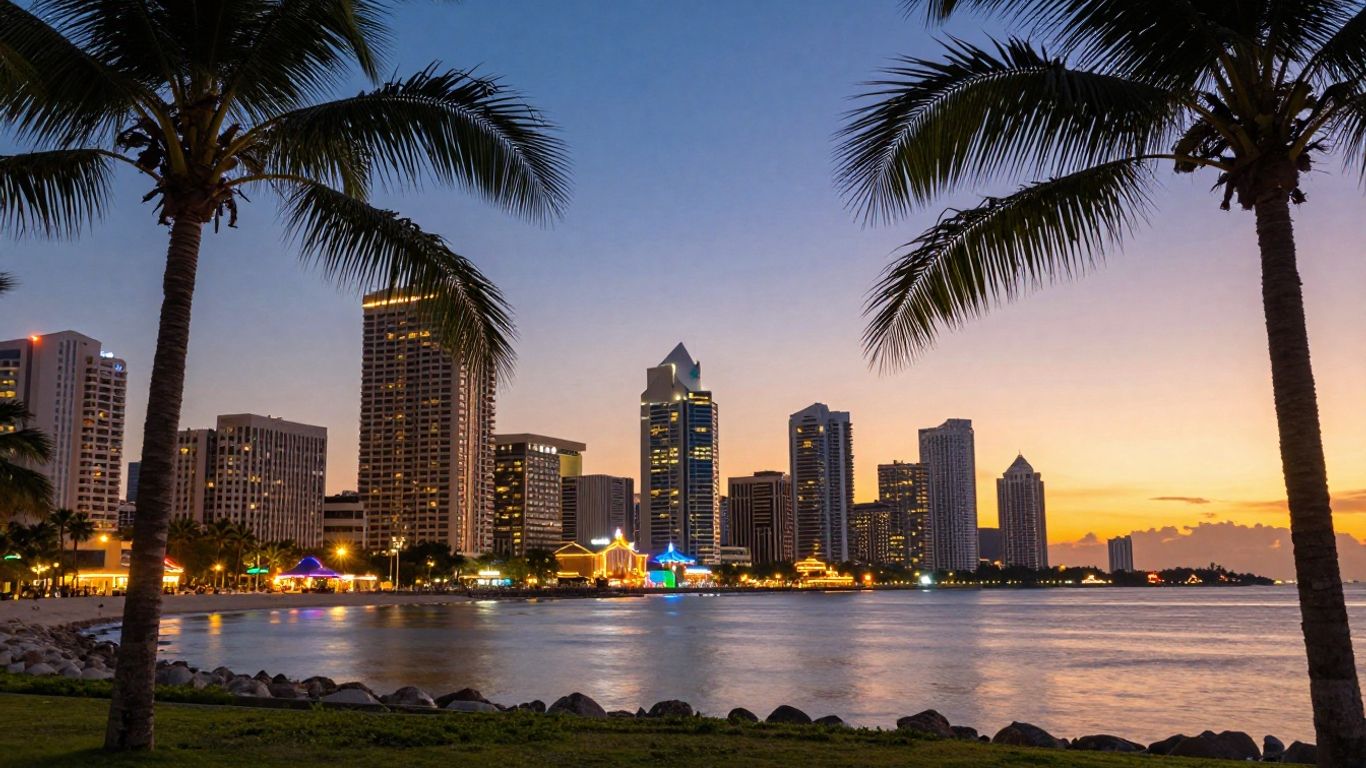 Gold Coast skyline with palm trees and ocean at sunset.
