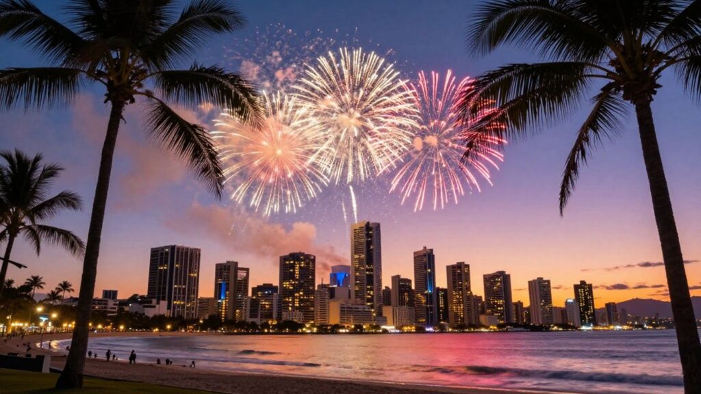 Gold Coast skyline with fireworks and palm trees.