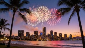 Gold Coast skyline with fireworks and palm trees.