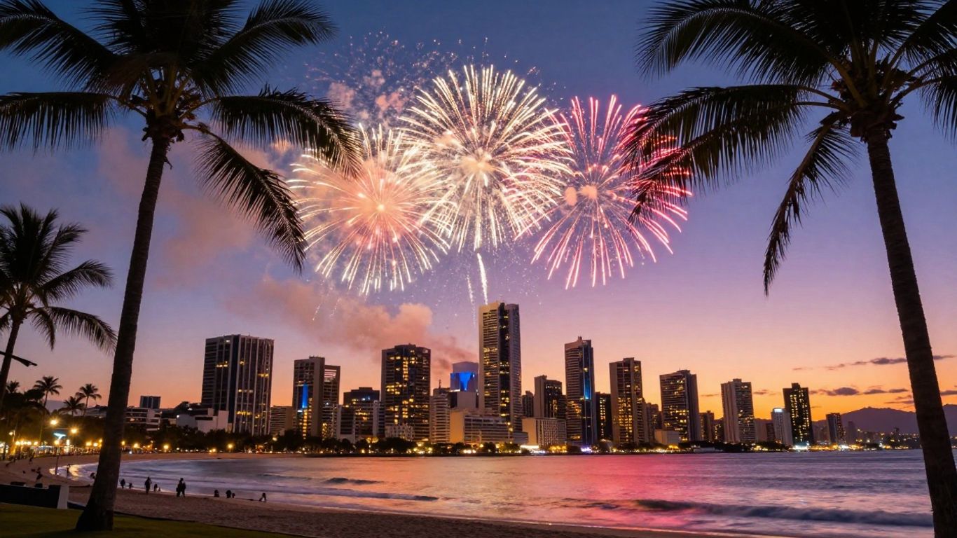 Gold Coast skyline with fireworks and palm trees.