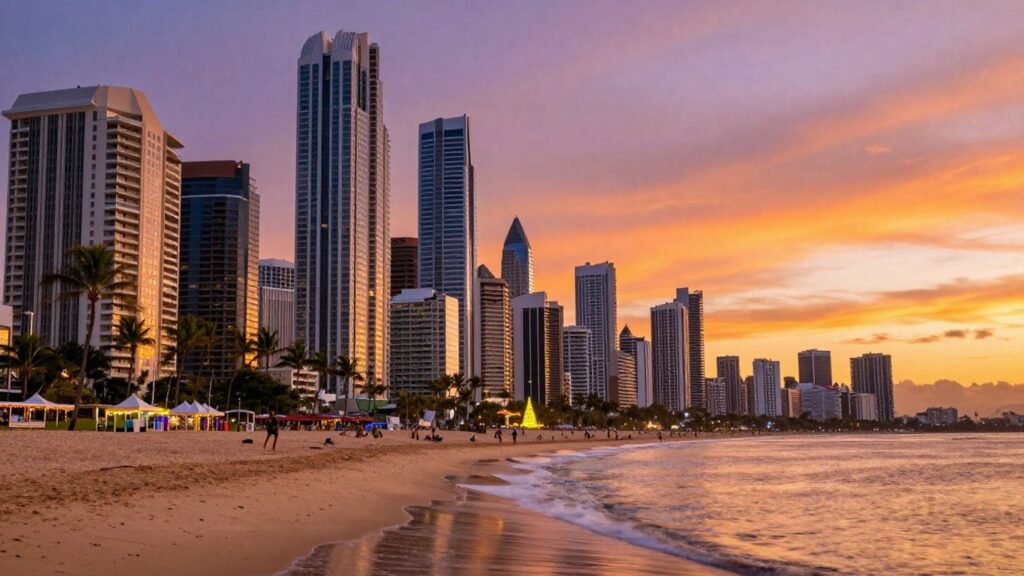 Gold Coast skyline with beaches and palm trees at sunset.
