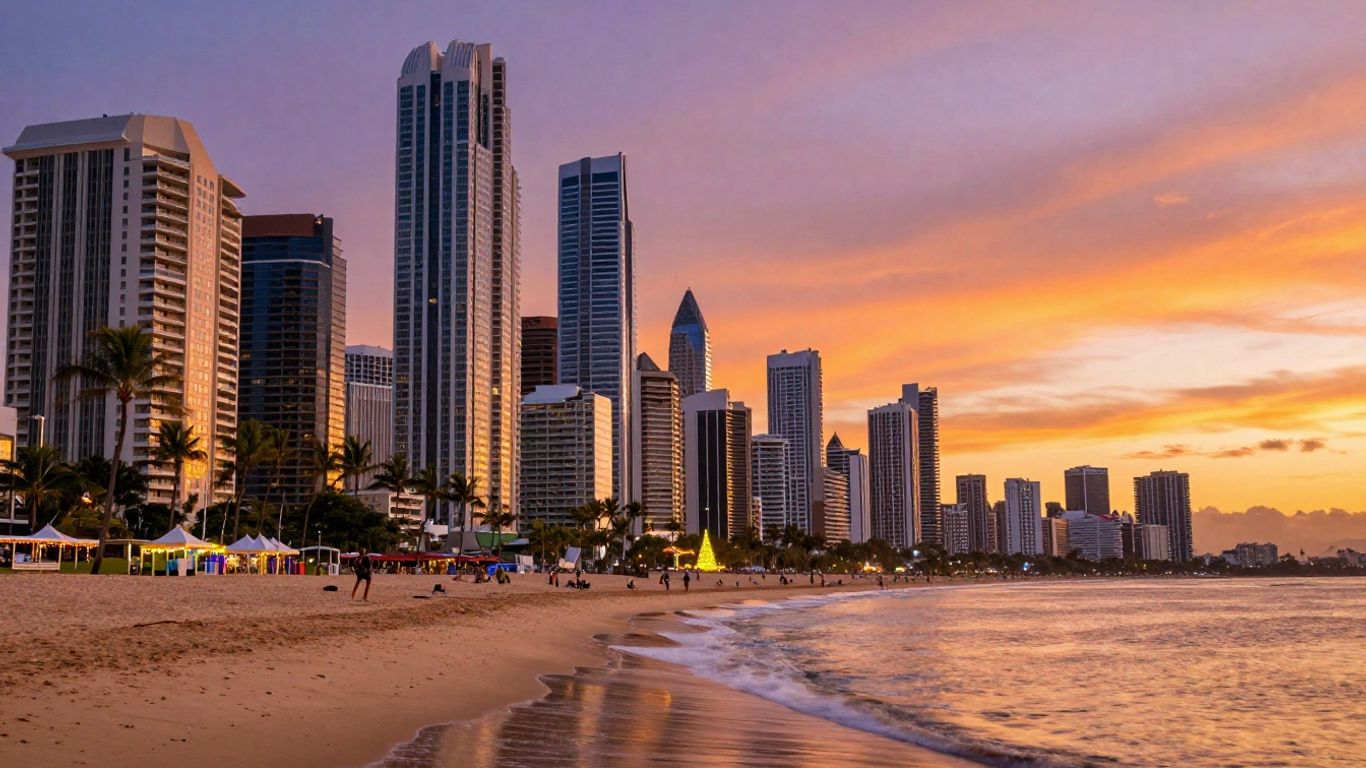 Gold Coast skyline with beaches and palm trees at sunset.