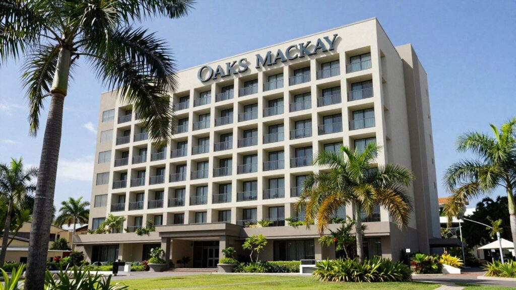 Oaks Mackay hotel exterior with palm trees.