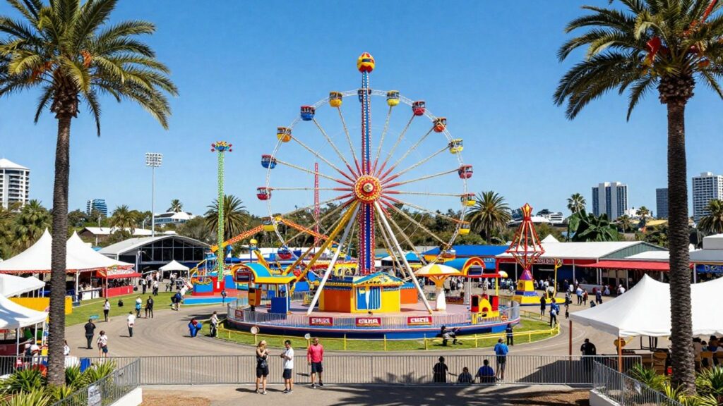 Ekka showgrounds with rides and crowds on the Gold Coast.