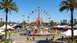Ekka showgrounds with rides and crowds on the Gold Coast.