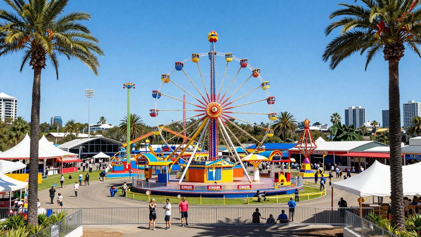 Ekka showgrounds with rides and crowds on the Gold Coast.