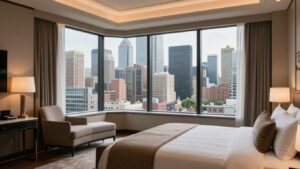 Luxury hotel room with city skyline view