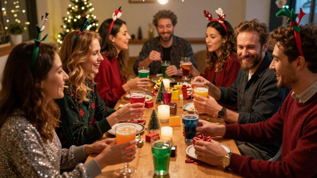 Festive work Christmas party with happy people and decorations.