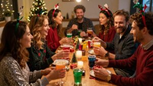 Festive work Christmas party with happy people and decorations.