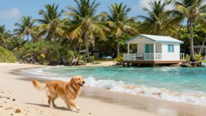 Dog playing on Gold Coast beach near holiday park.