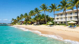 Coolangatta beach with palm trees and a luxury hotel.