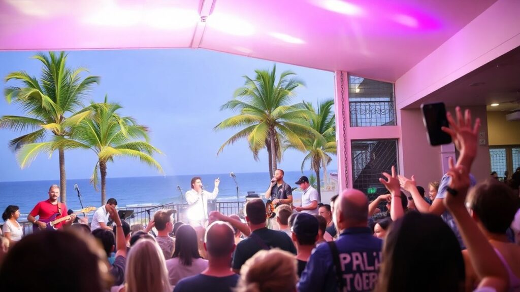 Live music performance at a Coolangatta venue with palm trees.
