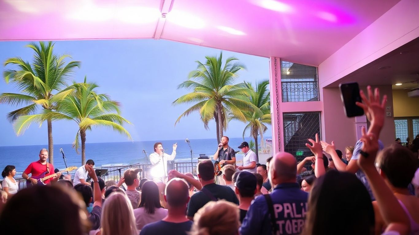 Live music performance at a Coolangatta venue with palm trees.