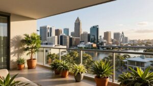 Brisbane skyline view from a modern apartment balcony.