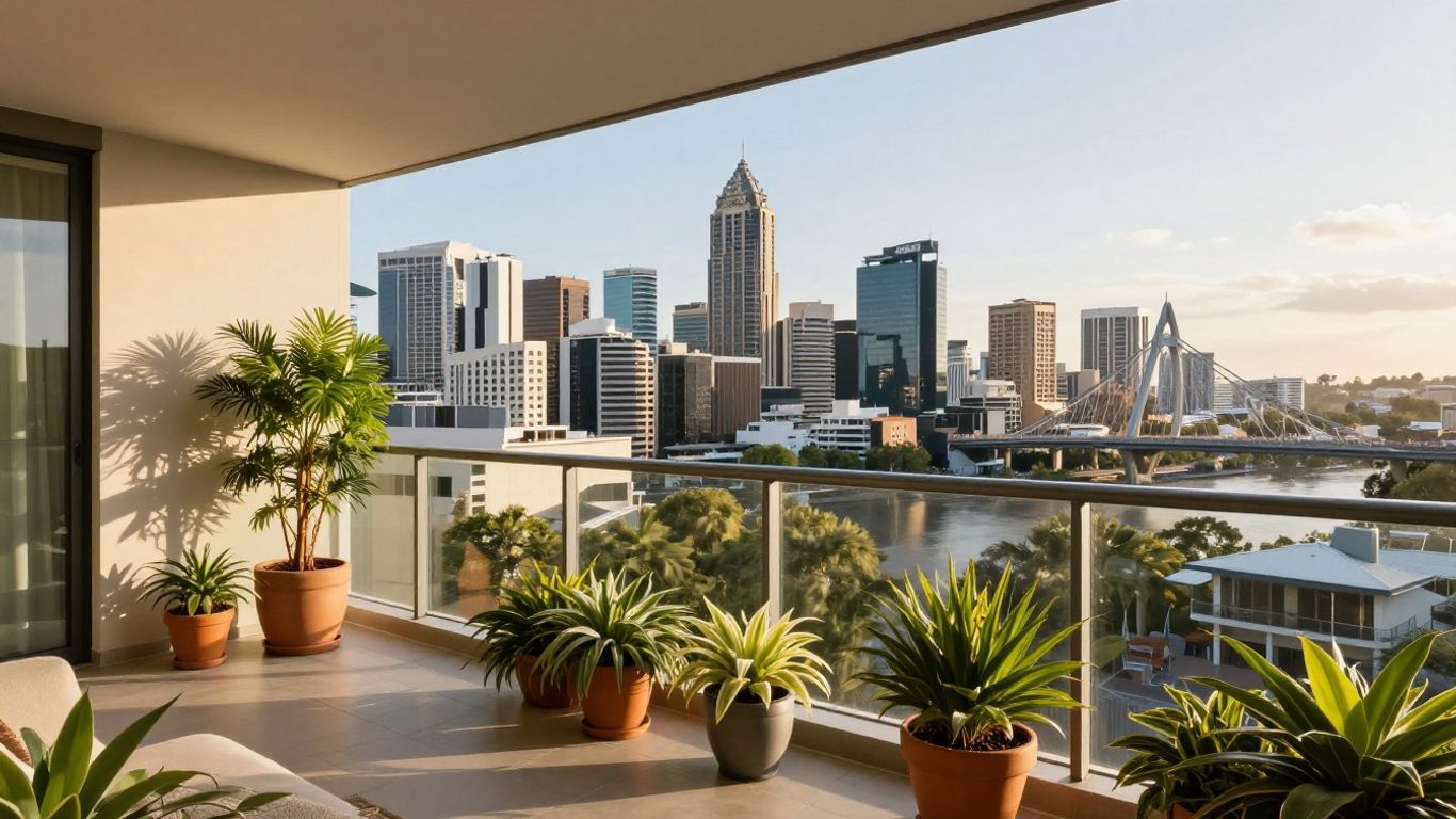 Brisbane skyline view from a modern apartment balcony.