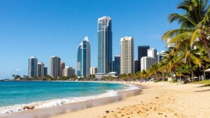 Gold Coast skyline with beaches and palm trees.
