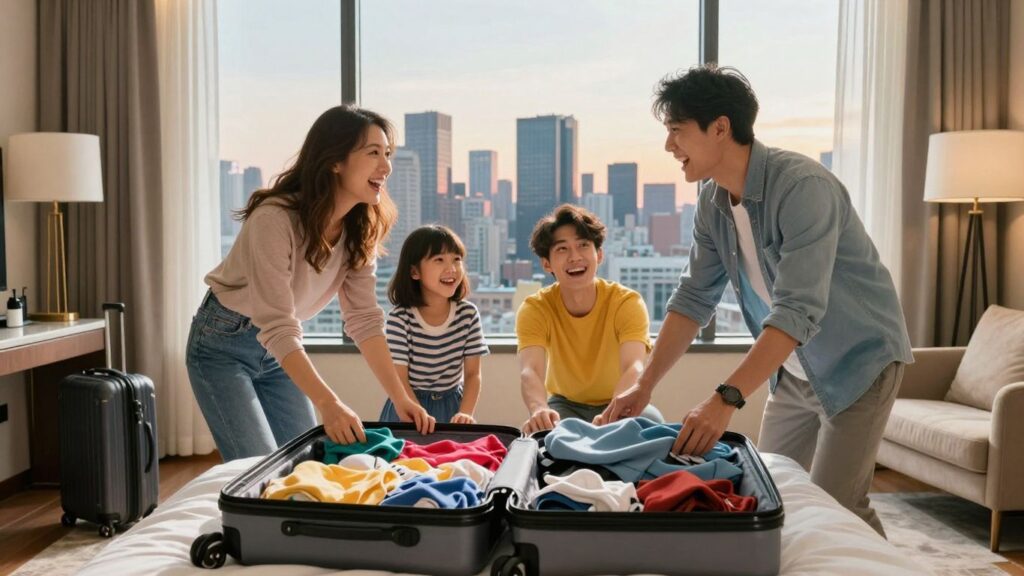 Couple packing for a spontaneous hotel getaway.