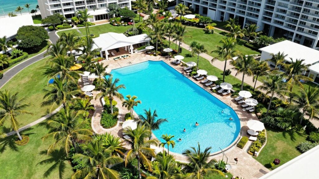 Treasure Island Resort Gold Coast aerial view with pool.